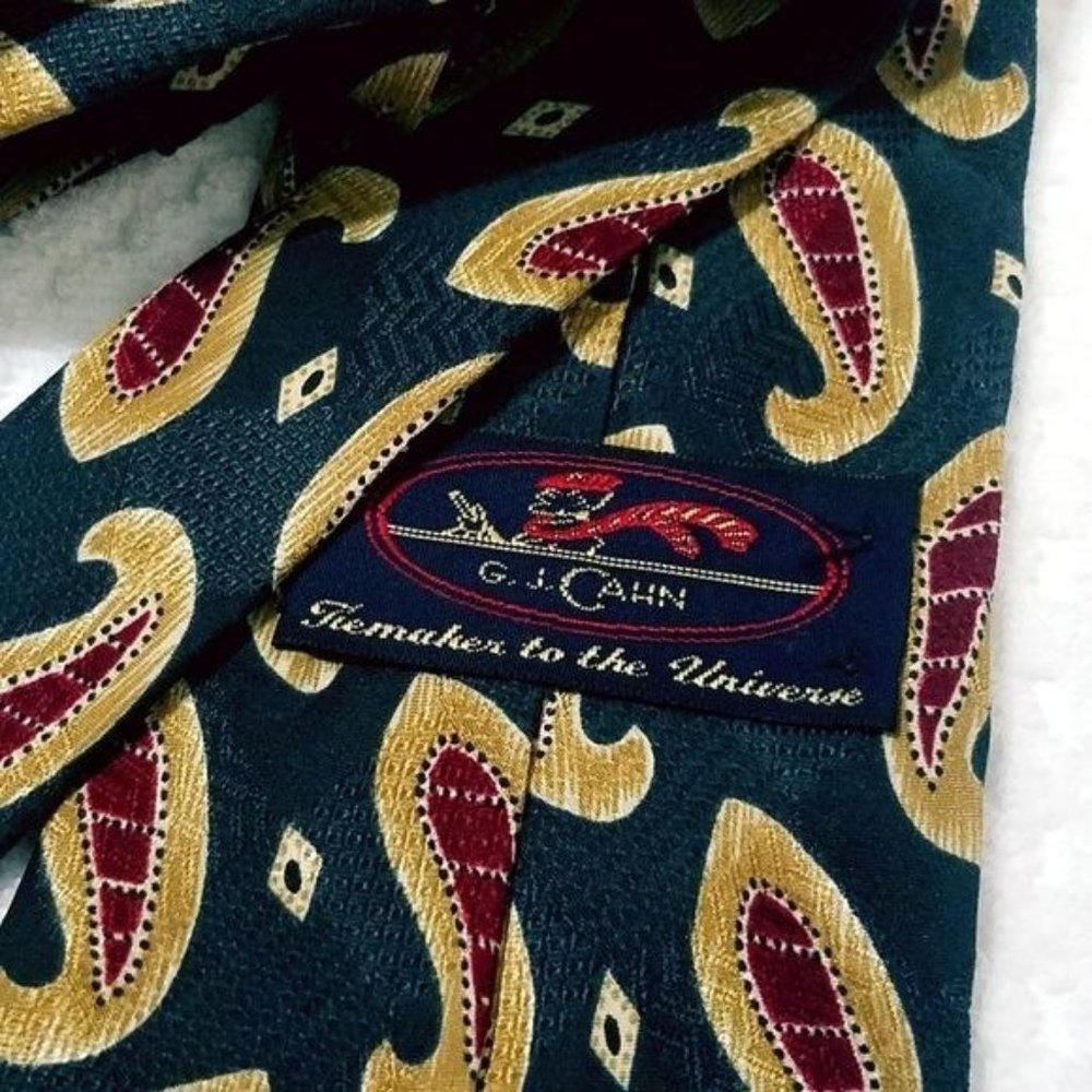 Mens GJ Cahn Green Maroon Paisley Print Silk Necktie - Picture 2 of 3